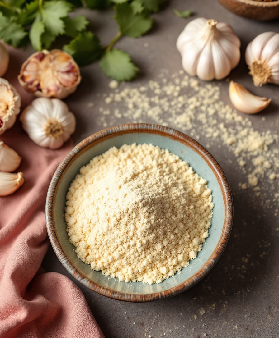 AI generated: garlic powder in a bowl with garlic and curry leaves on the side, on a table, view from straight, th...
