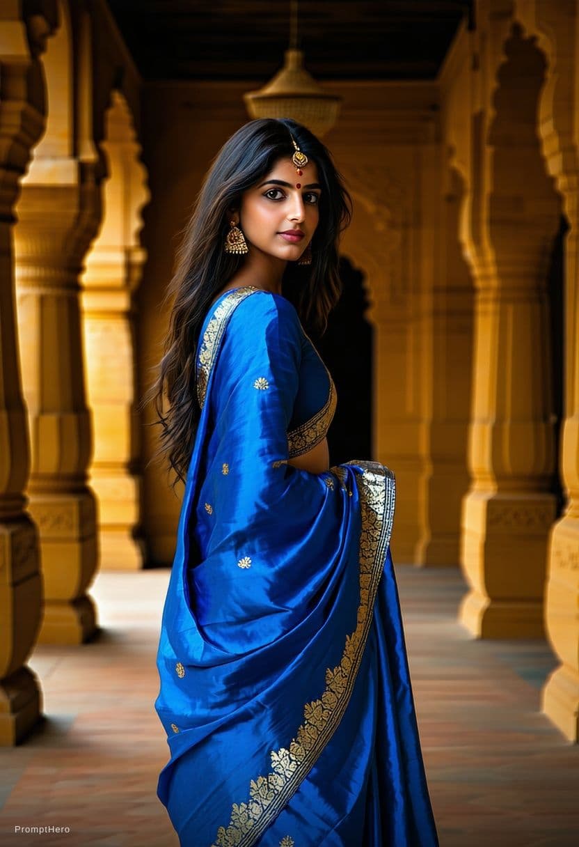 AI generated: A photorealistic full-body portrait of a graceful adult Indian woman wearing a deep royal blue silk ...
