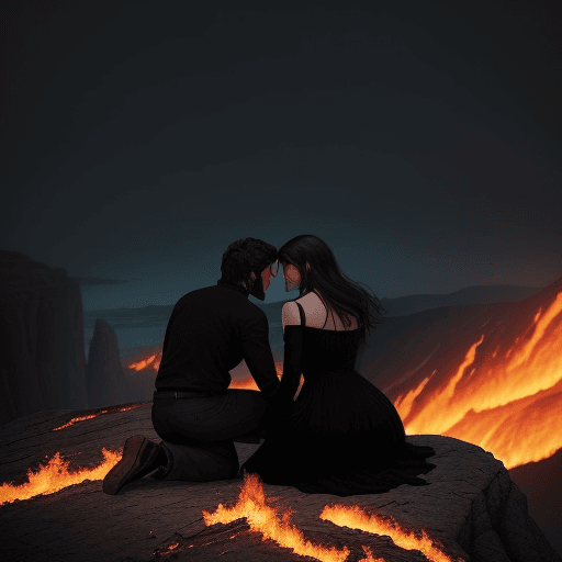 AI generated: 2 people together, atop a cliff overlooking a fiery landscape, her and I, in love, kneeling and look...