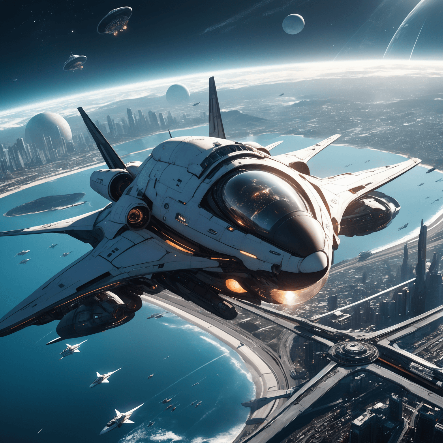 AI generated: a combat spacecraft(closed up), fantasy scenery, There is a futuristic city near the airport surroun...