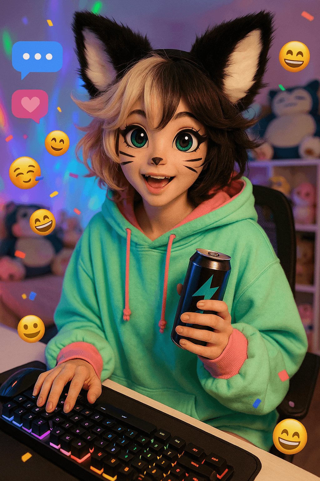 AI generated: Format: 9:16 (vertical stream)
Vibe: Cosplay x TikTok Gamer Aesthetic
Output: Vibrant, LED-lit str...