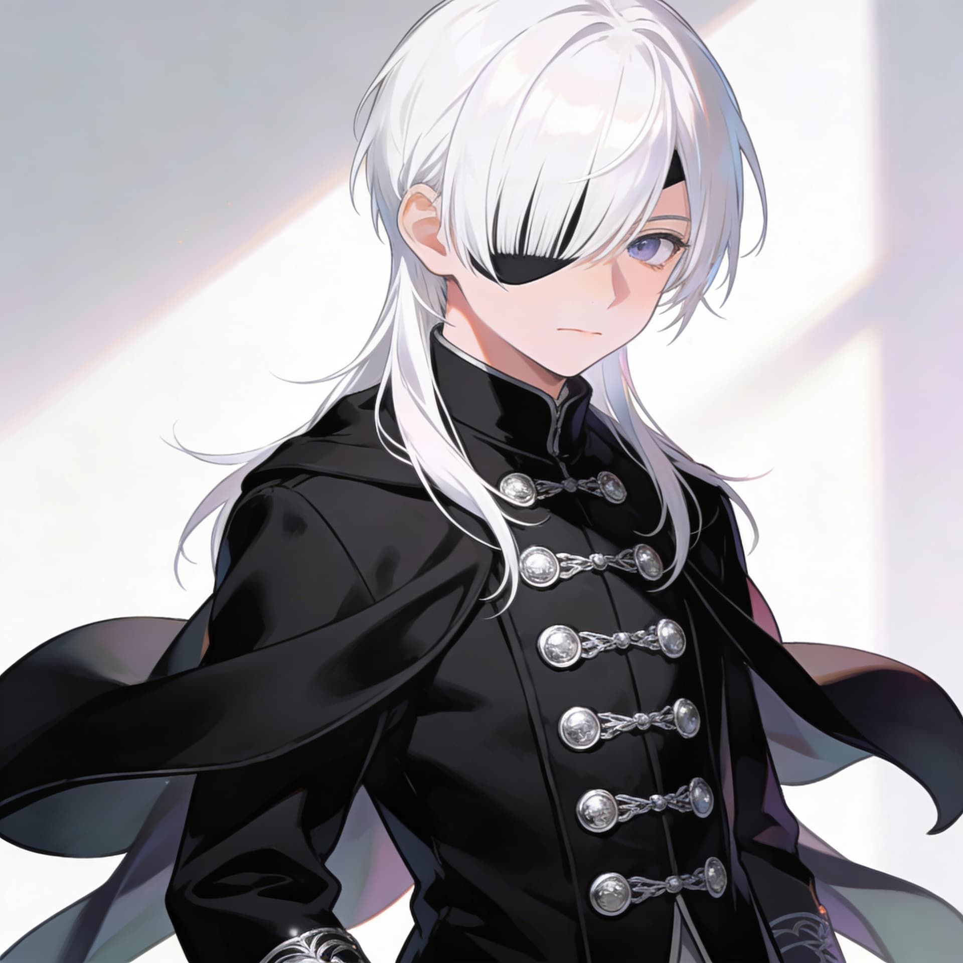 AI generated: Single Beautyful young boy, white hair with long bangs, anime face, ultra detailed, hd, black coat b...