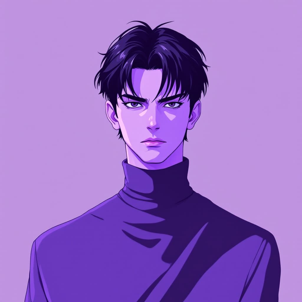 AI generated: 1990s, anime boy, short dark hair, serious face, looking straight ahead, Japanese pop culture, purpl...