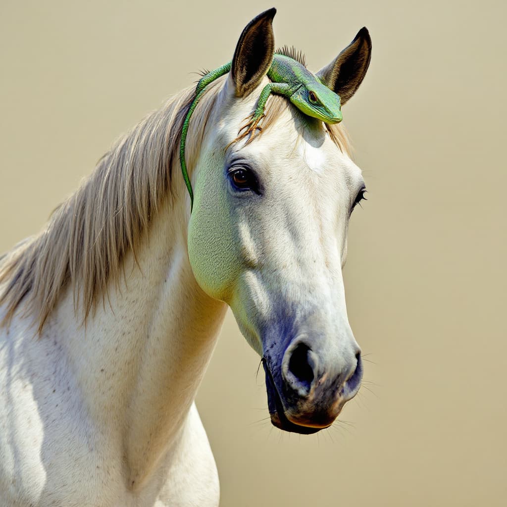 AI generated: photo of horse with green lizard head