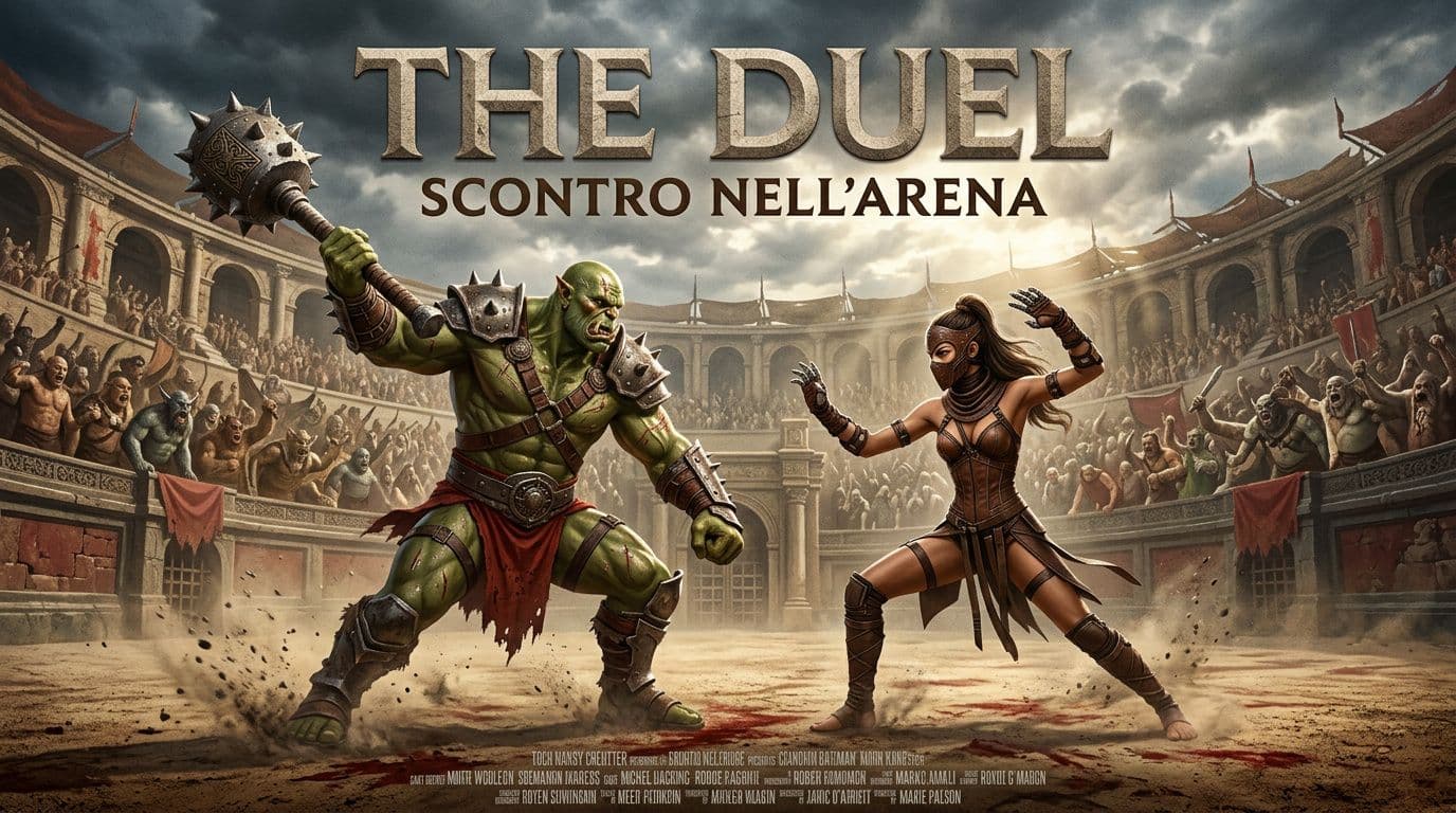 AI generated: crea una specie di poster cinamatografico in 16/9 con questi  personaggi,  che si sfidano in combatt...