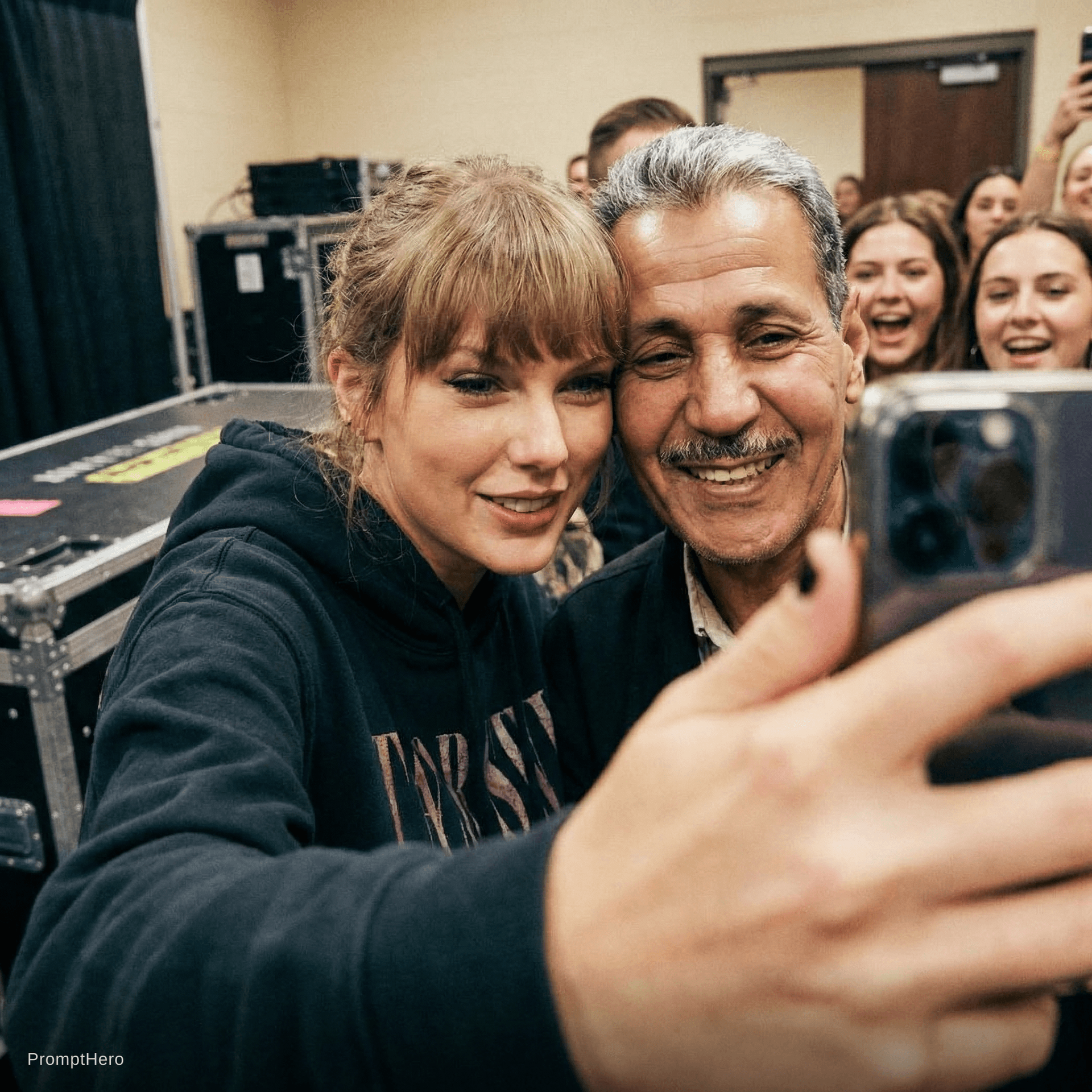 AI generated: with Taylor Swift backstage at a concert, excited fans vibe