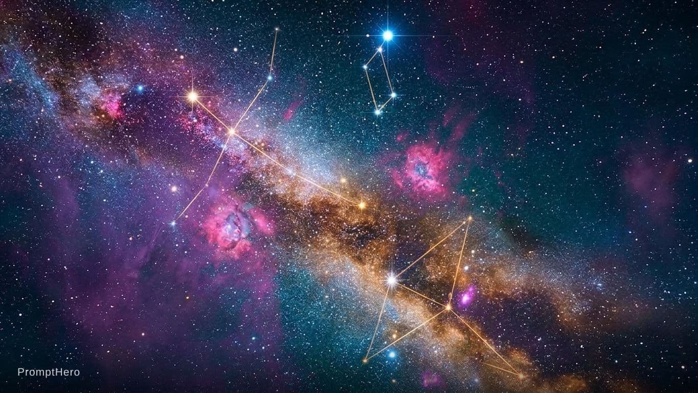 AI generated: Milky Way galaxy with constellation lines, dramatic deep space nebula, enhanced purple and violet ga...
