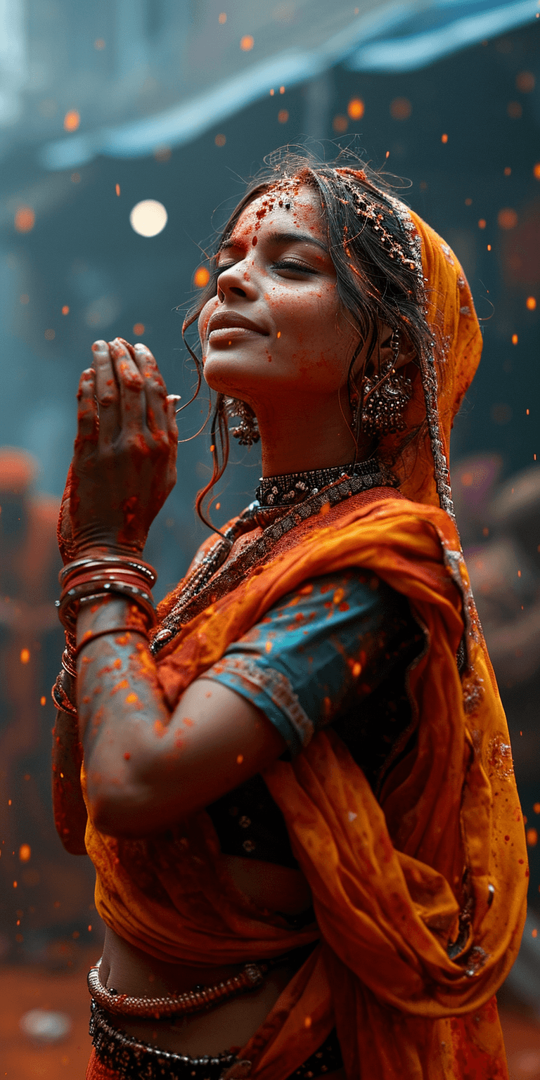 AI generated: holi images with a beautiful Punjabi woman dancing around in colored paints, in the style of light g...