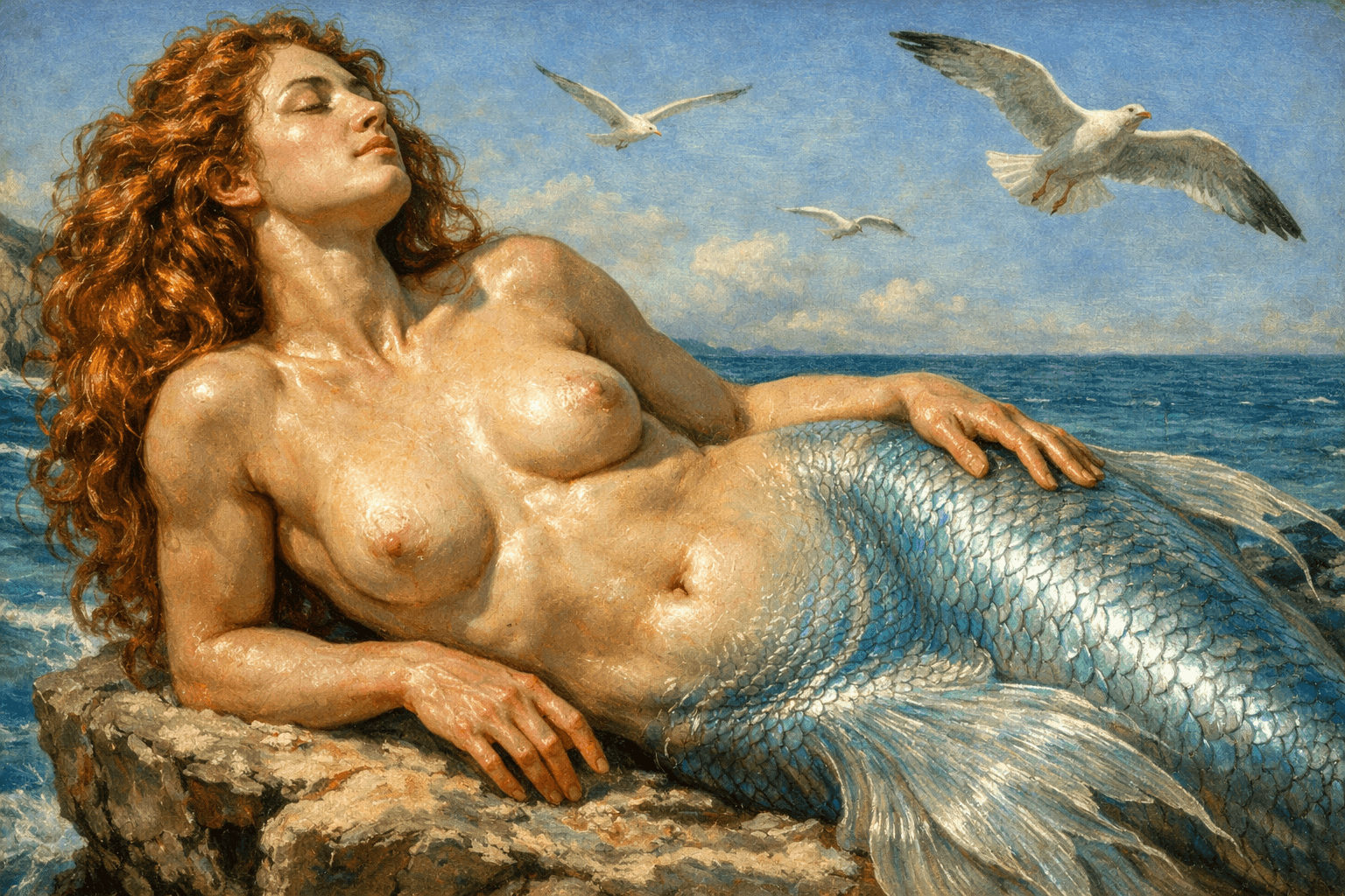 AI generated: siren, shimmering tail, curly red hair, sunning on a rock, azure sea, seagulls soaring, close up