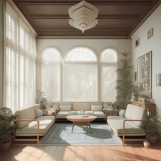 AI generated: High resolution photography interior design, dreamy sunken living room conversation pit, wooden floo...