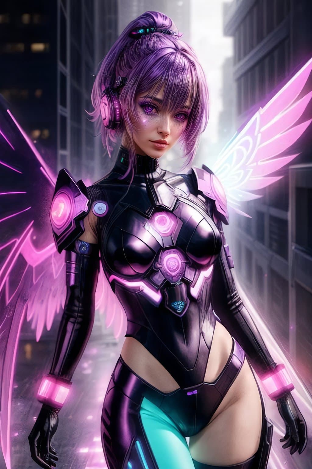 AI generated: the model with glowing purple wings and a cyborg face, in the style of cybermysticpunk, cypherpunk, ...