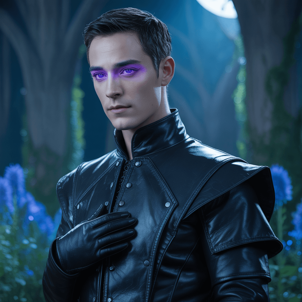AI generated: create a fictional hero from acotar - Rhysand. He should be short black haired with violet sad eyes.