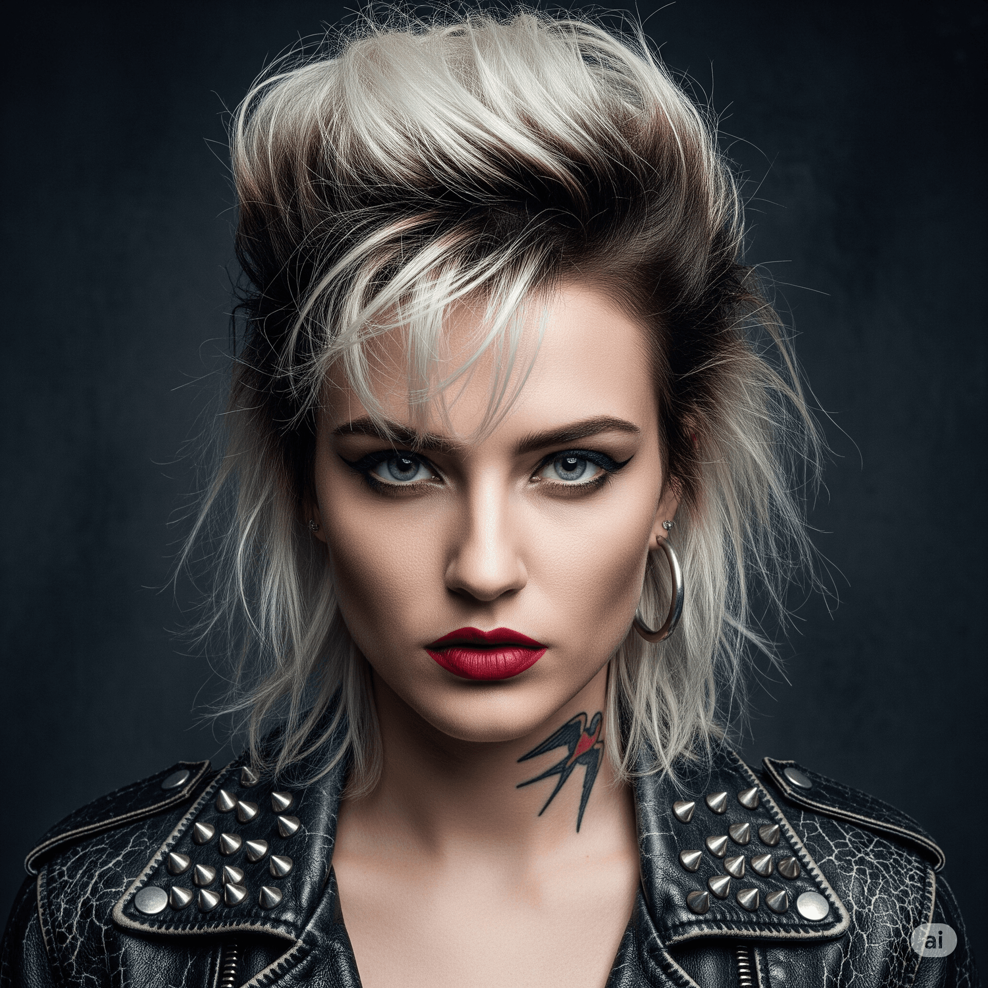 AI generated: Ultra-realistic photo, 1:1. An iconic, defiant close-up portrait of a rebellious young Caucasian wom...