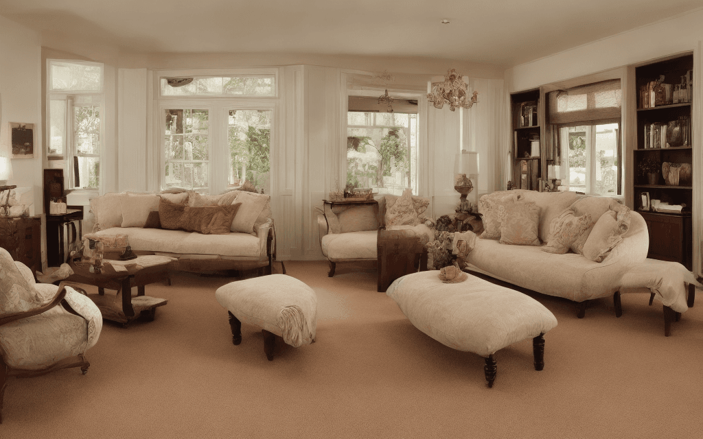 AI generated:  living room with wooden cabinet, beige carpet,brown sofa
