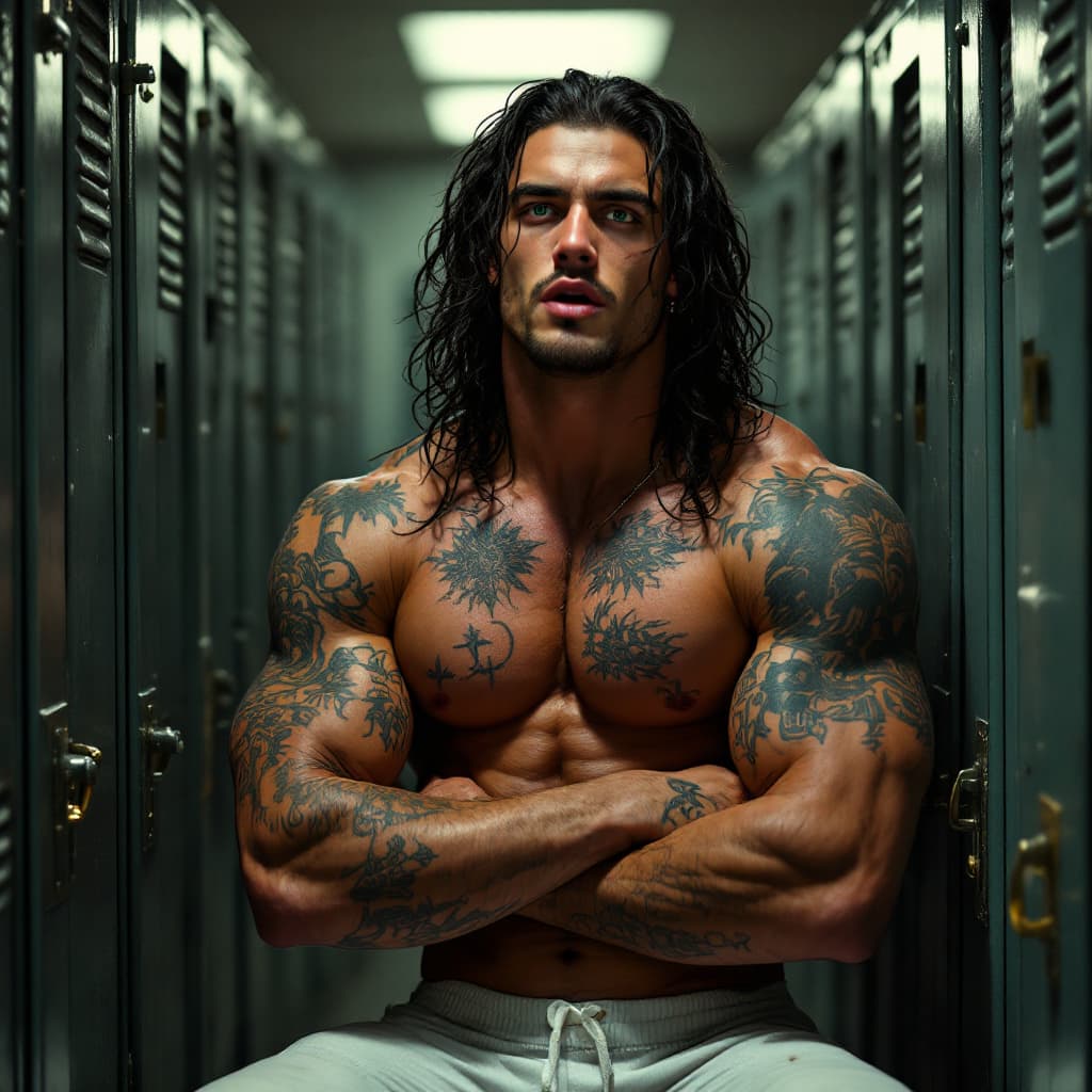 AI generated: Mark in the locker room, dumb college football player, long wavy black hair, green eyes, muscles, jo...