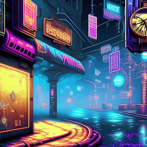 AI generated: High resolution background in cyberpunk style, clocks steampunk inspired floating around, dreamworld...