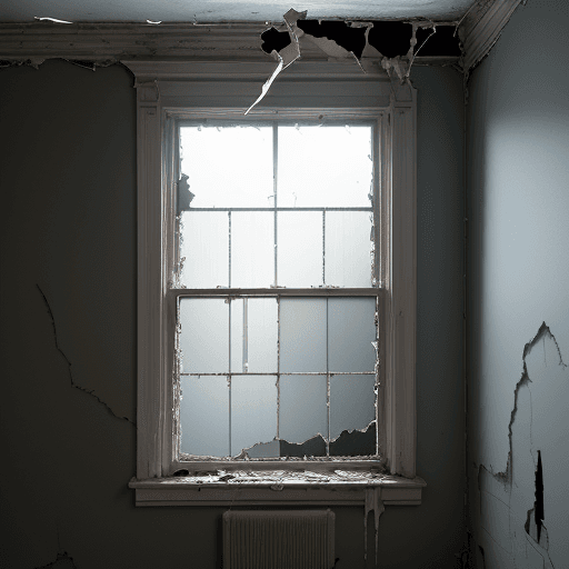 AI generated: Second floor window from outside of an abandoned, old and haunted house apartment building, the wind...