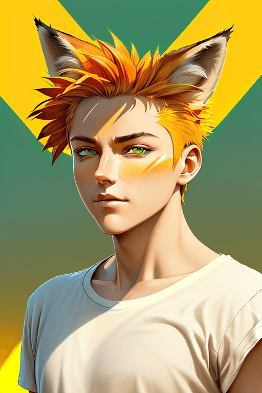 AI generated: stylized digital art portrait of a fox with short spiky hair, holding a sunflower, he has deep green...