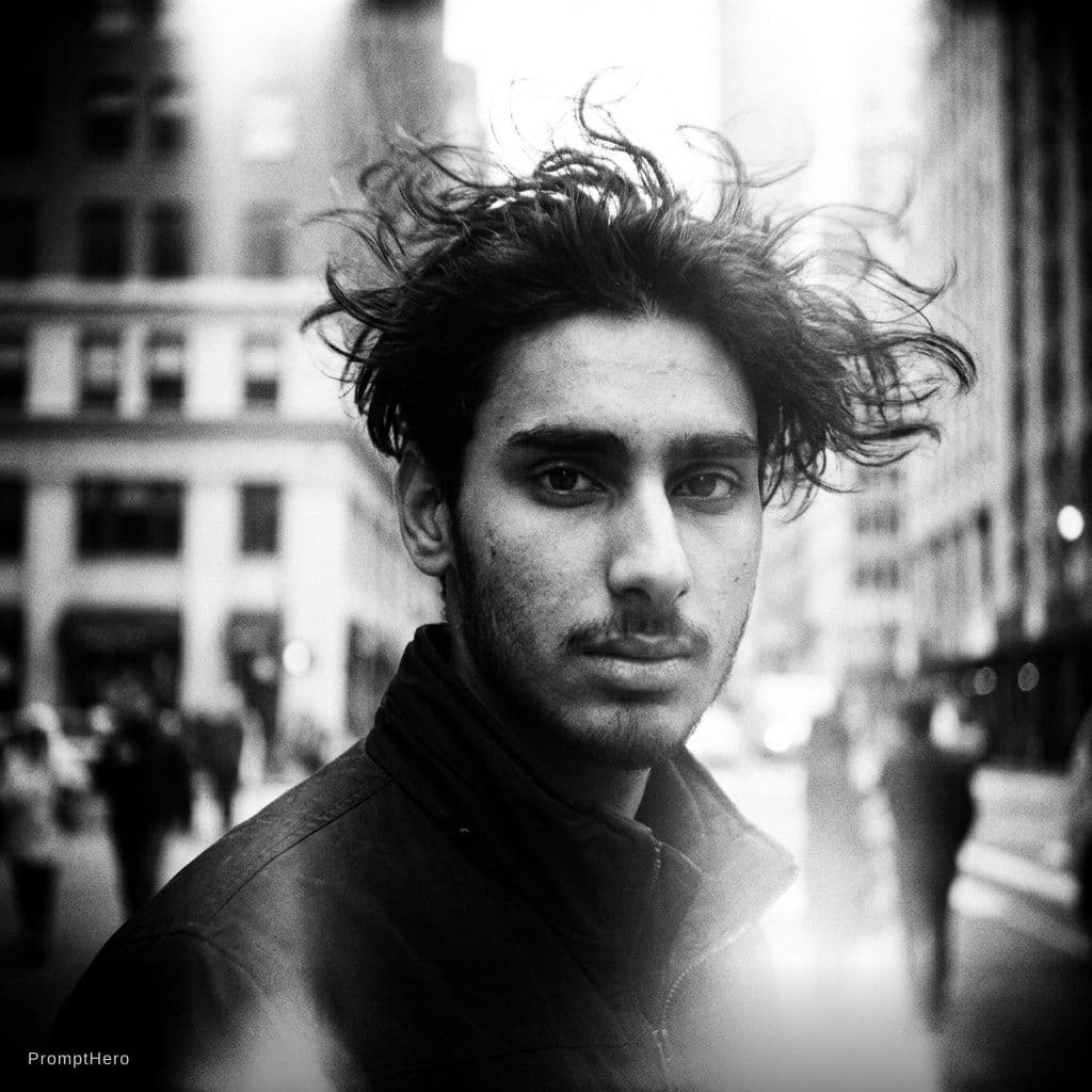 AI generated: a men with  wild hair on a windy day, in the style of toy camera effects, haunting elegance, frozen ...