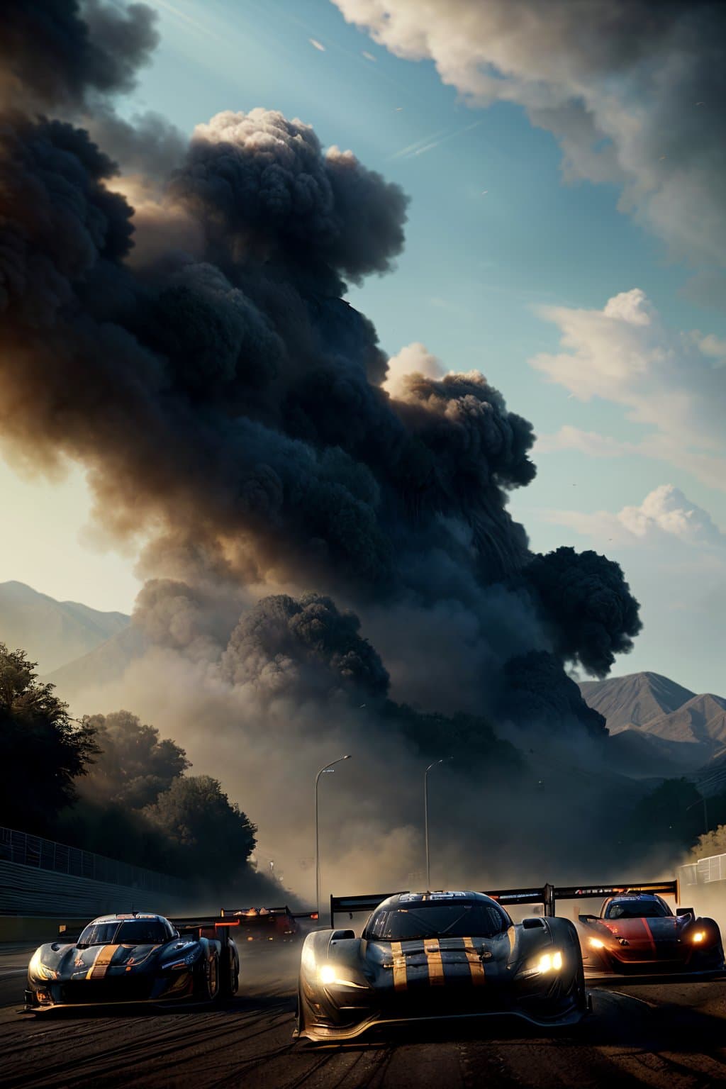 AI generated: masterpiece, award winning photo, (different color)+ race cars on a track, smoke, grit, hard lightin...