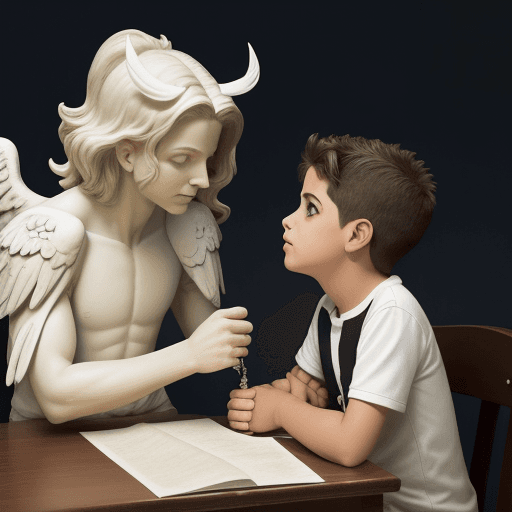 AI generated: un ángel sosteniendo a un niño pidiendo a lucifer que lo reviva 