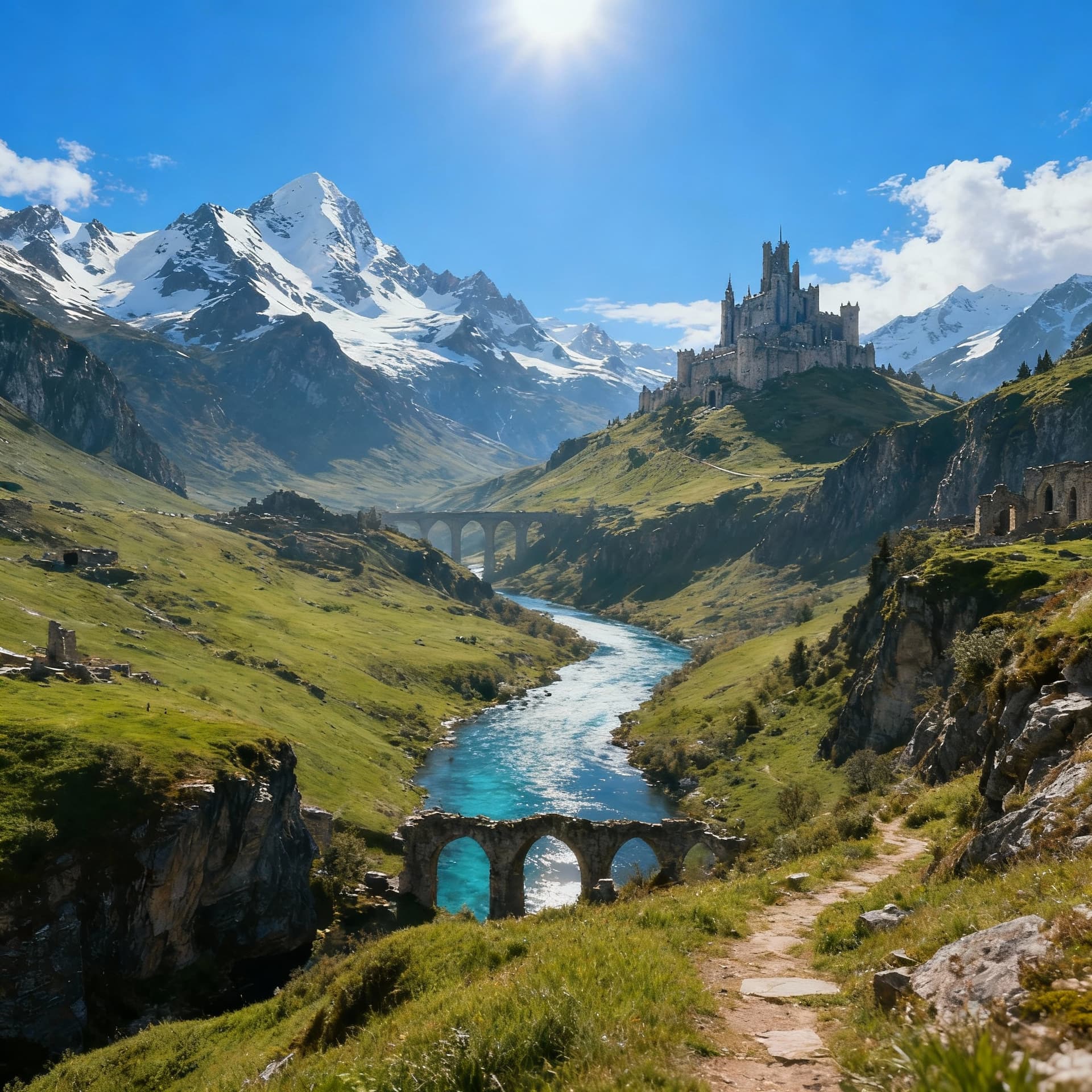 AI generated: Long cinematic shot from the mountain ridge, showing vast landscape, ruins below, river winding towa...
