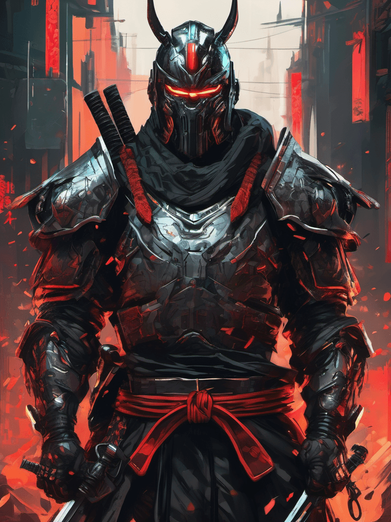 AI generated: digital wallpaper portrait of brutal cyborg samurai, supervillain, badass, anime, in the style of co...