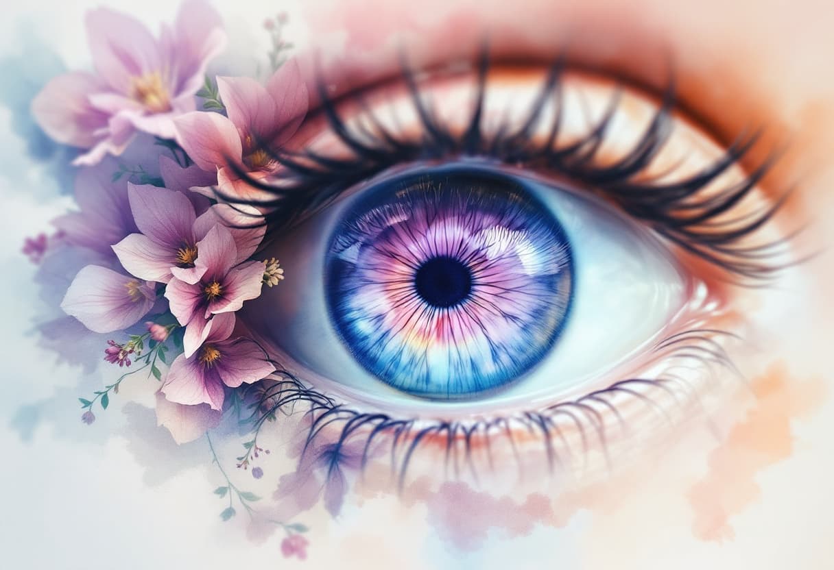 AI generated: watercolor painting 
Optical illusion, a (((double exposure of a (((full, perfectly shaped violet ey...