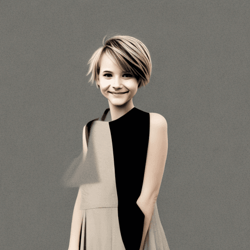 AI generated: A portrait of a young beautiful girl, smiling, Asymmetrical Cut hair style, fall dress, outdoor view...