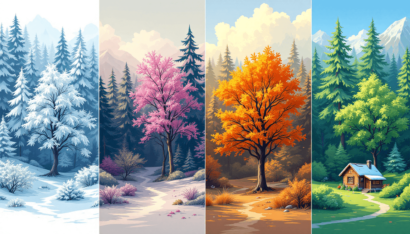 AI generated: illustrate the four seasons of a single landscape in one continuous panoramic image. From left to ri...