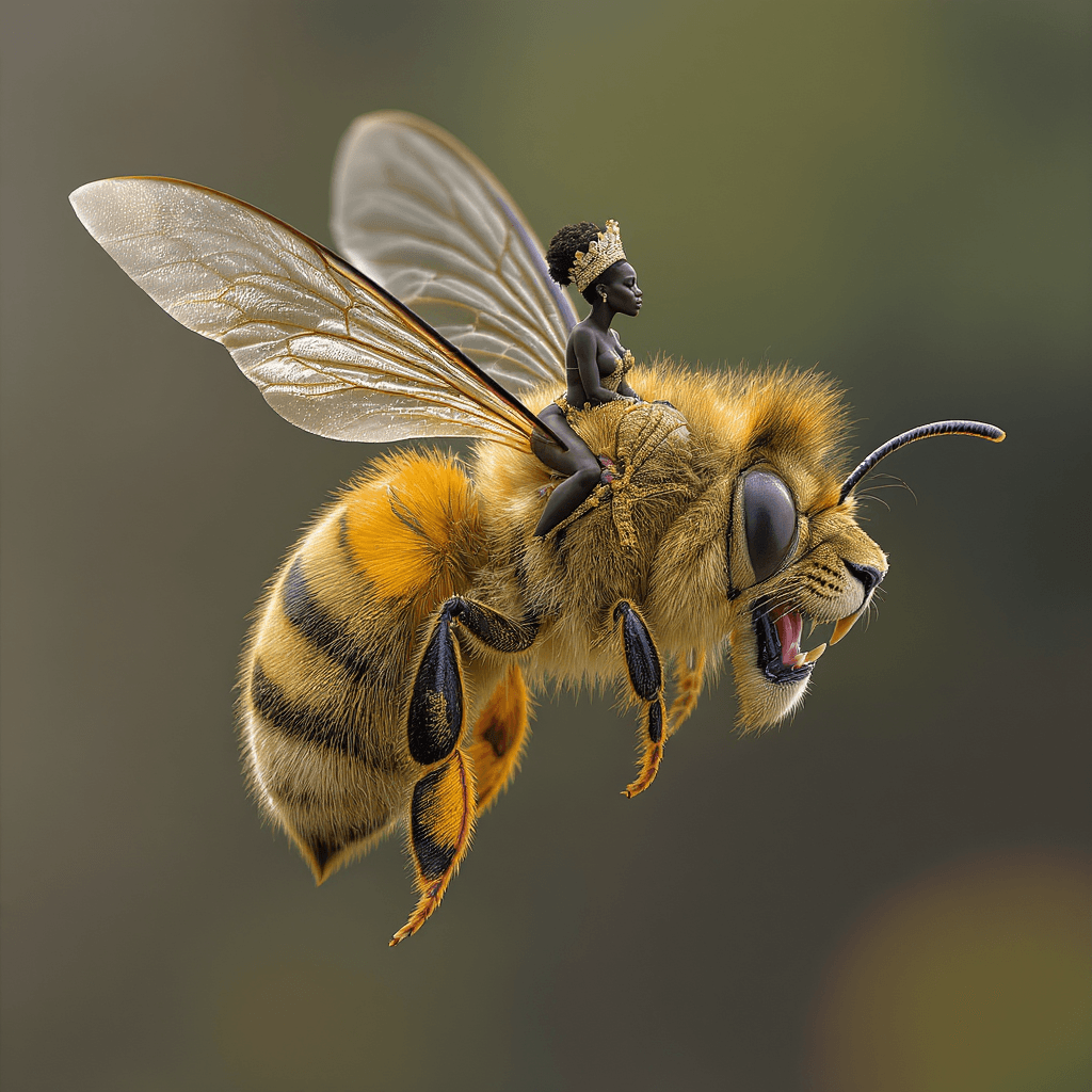 AI generated: A flying bee with the head of a roaring Lion With a black african Queen riding on the bee