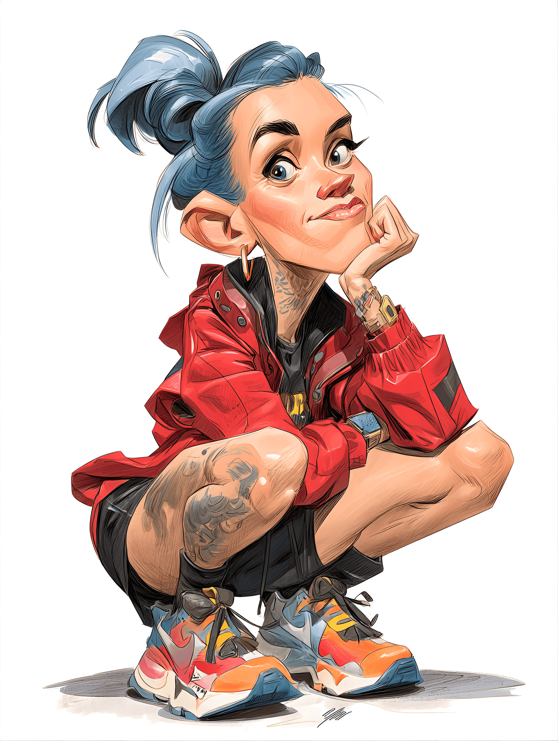 AI generated: funny caricature, hipster rebel caricature, young caucasian female, 24 years old, blue hair, tattoos...