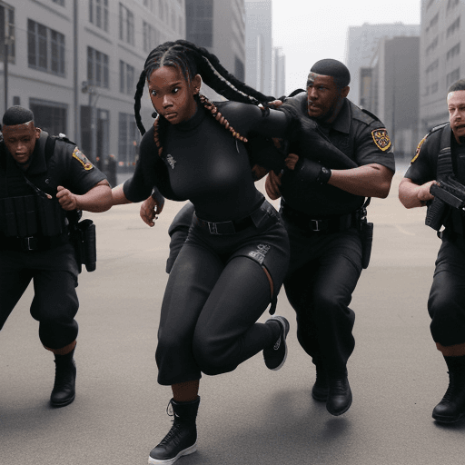 AI generated: Homeless Young black girl in braids picked up and dragged by black hefty men in black combat gear, h...