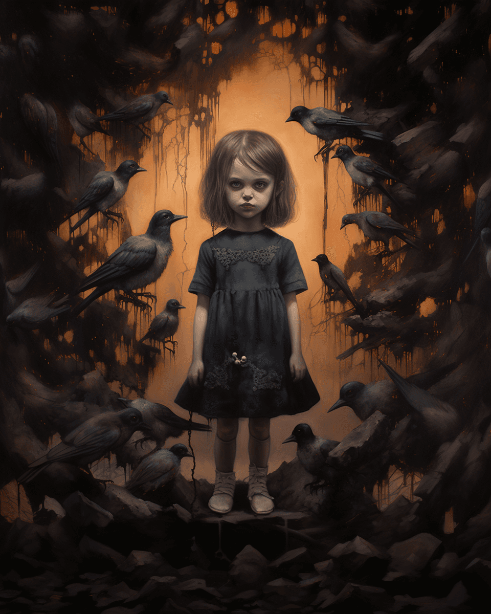 AI generated: painting of a satanic little child girl in a black dress with dead birds and black flowers, demonic ...