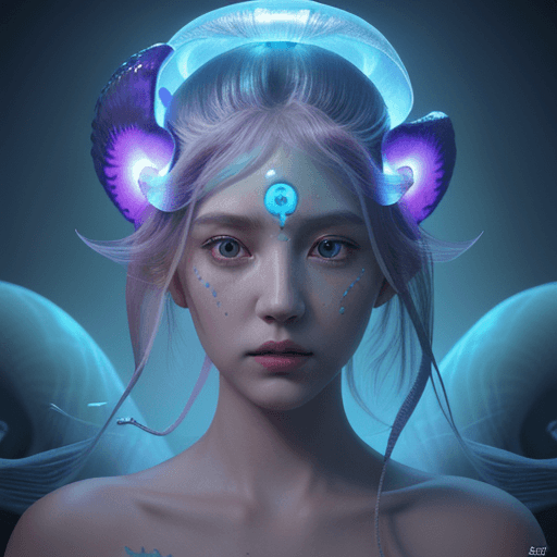 AI generated: Goddess close-up portrait ribcagel. jellyfish phoenix head, nautilus, orchid, skull, betta fish, bio...