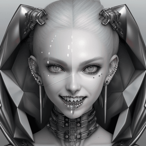 AI generated: a close up of a woman gave and smile, with silver fronts, teeth silver, grimes - book 1 album cover,...