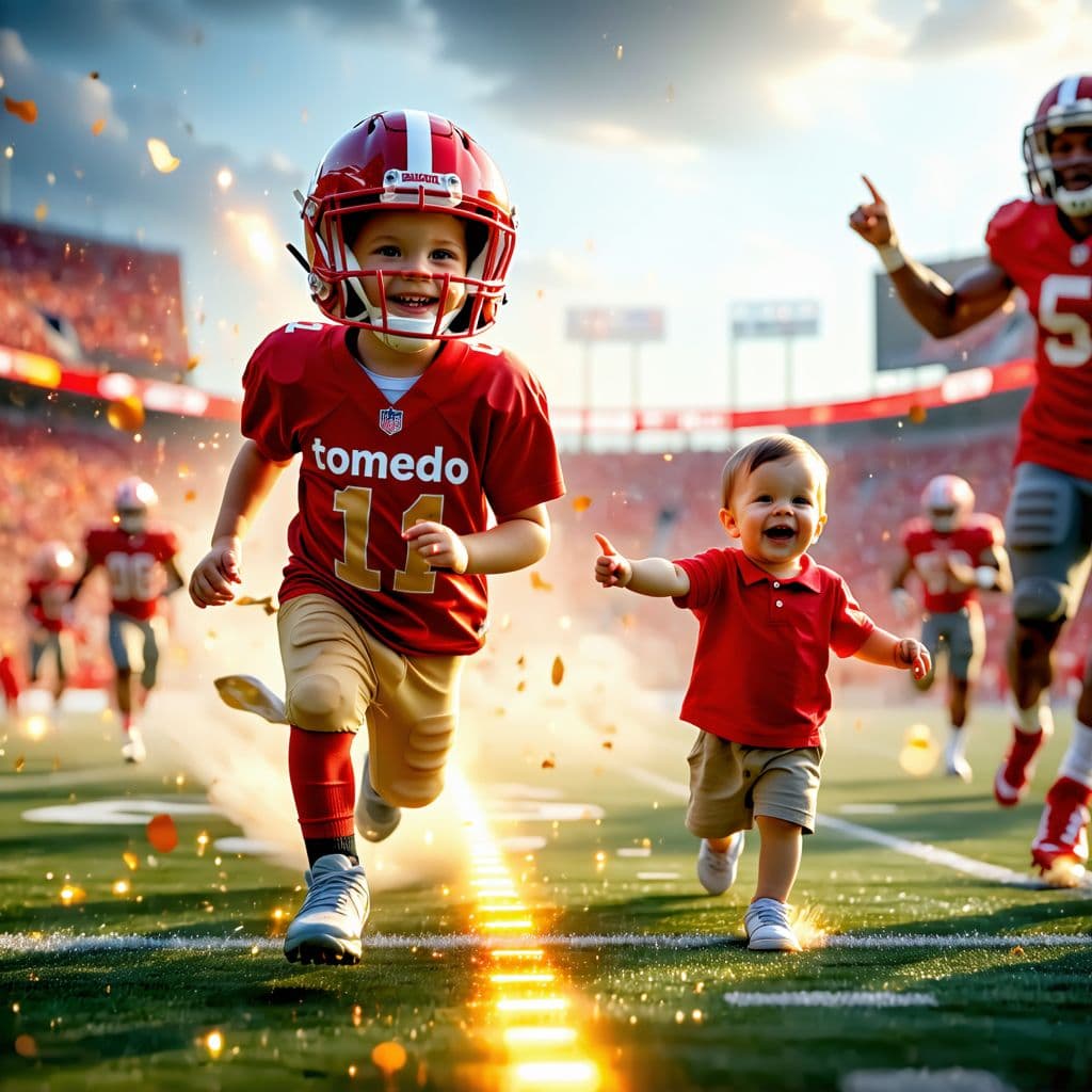 AI generated: Epic action shot, toddler football player in red and gold “tomedo” jersey running towards touchdown,...