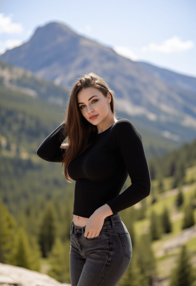 AI generated: A woman exudes confidence as she strikes a dynamic pose, her fair skin glowing in the bright sunligh...