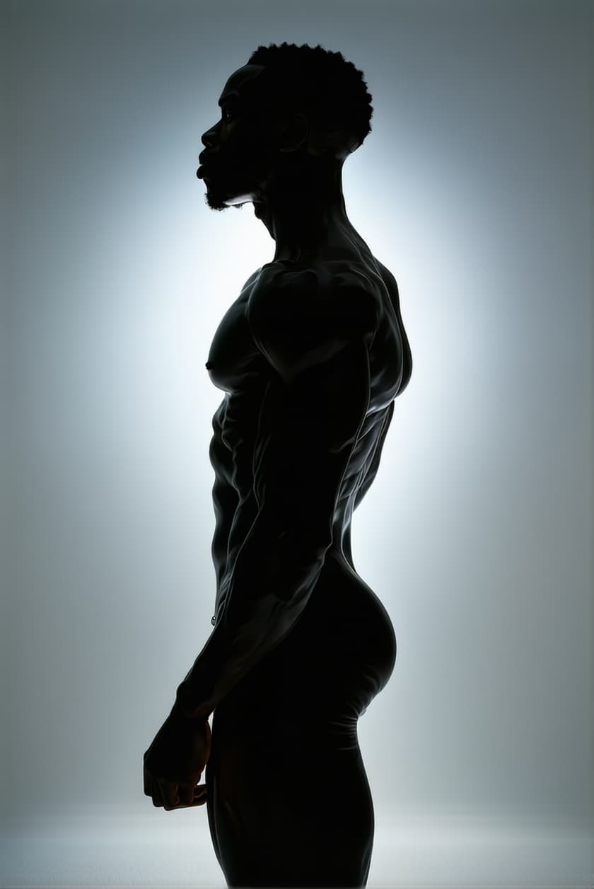 AI generated: A cinematic portrayal of a full male African figure standing in shadow, as if viewed through a next-...