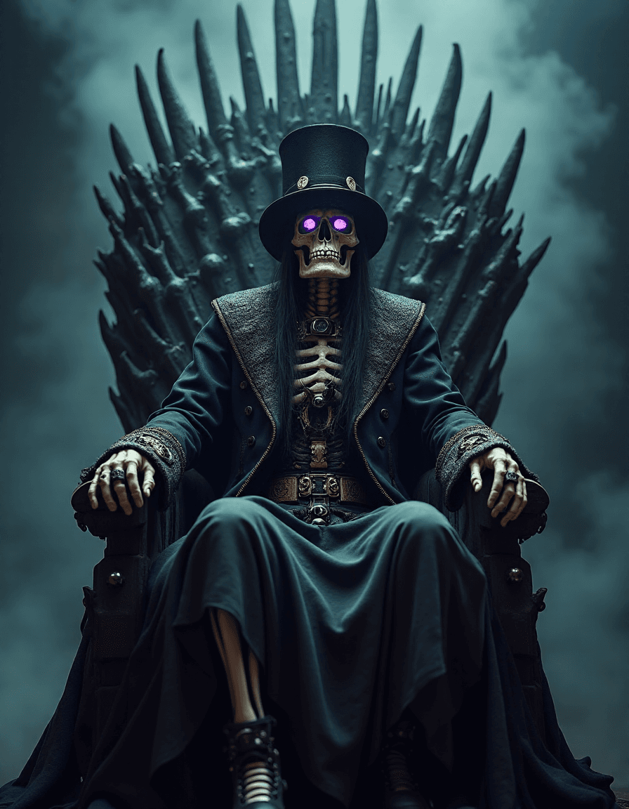 AI generated: full-length view, Photography of a bored skeleton on a throne. The skeleton is dressed in a steam pu...