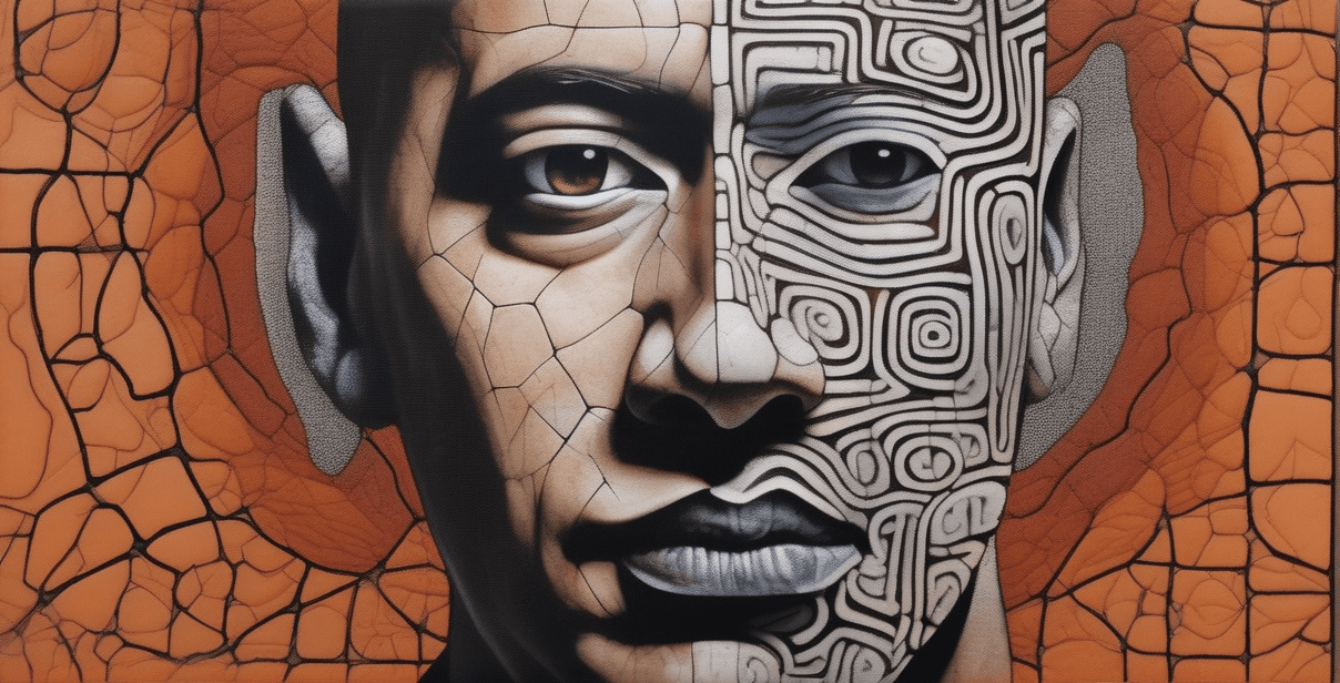 AI generated: hyperrealistic image of a human head produced using collage art style by Peter Sculthorpe, contrasti...