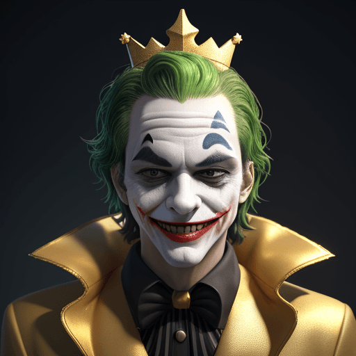 AI generated: happy joker with shining crown on head, giving you sparkling gold coins, casino chips on background,...