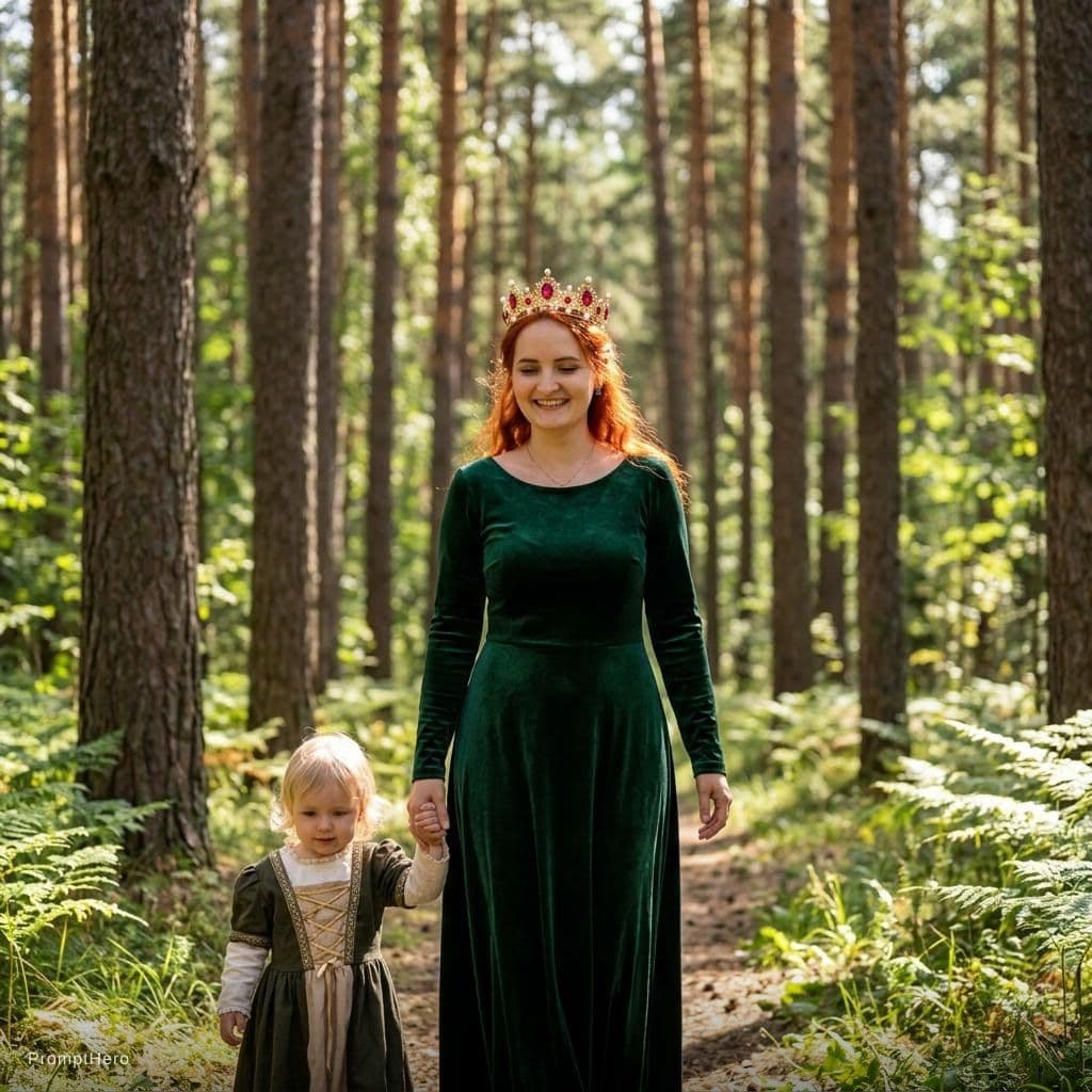 AI generated: Do in this girl Queen, walk in the forest, this girl very beautifull, not do more weight to they