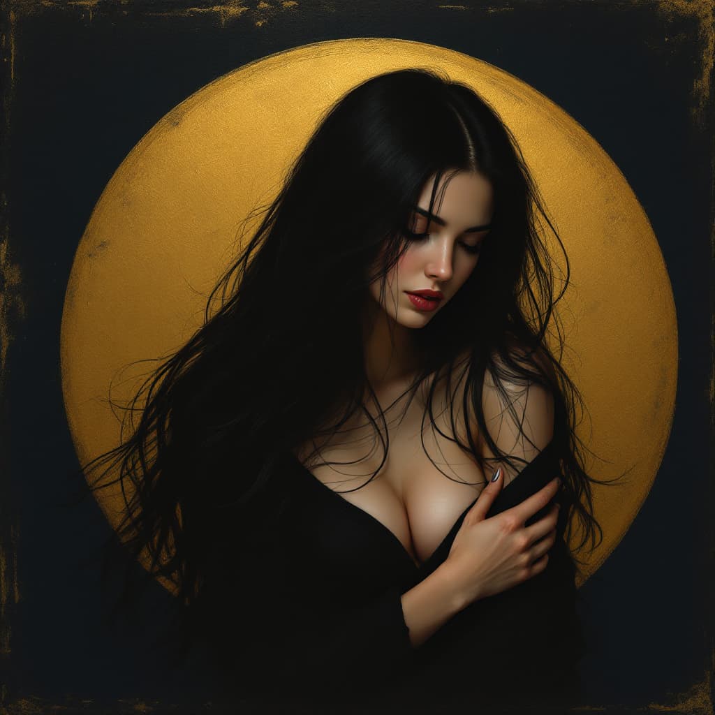 AI generated: a woman with long black hair in a gold painting, in the style of charlie bowater, dark blue and dark...