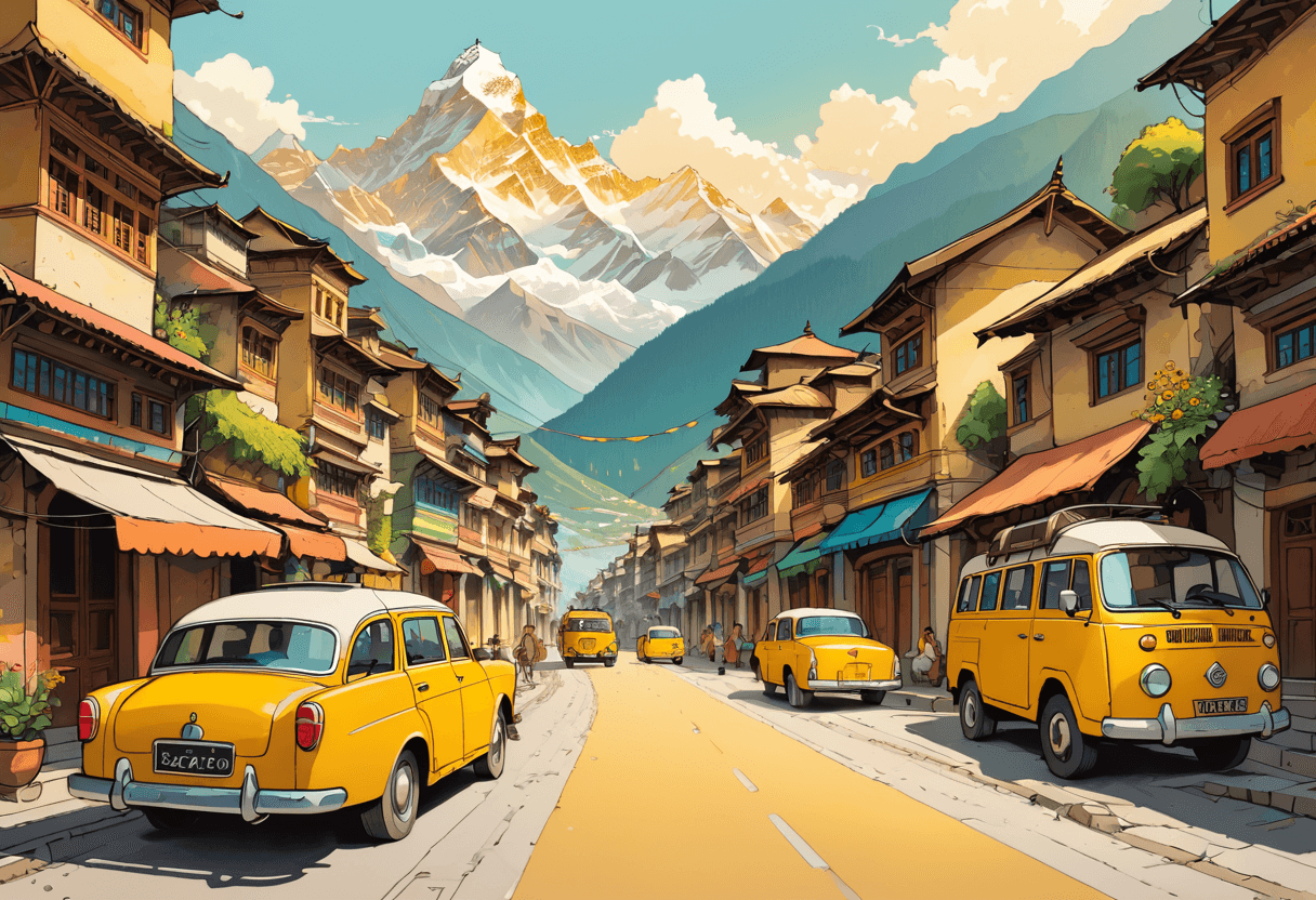 AI generated: landscape of a (himalayan city, mountains in background, vehicles and animals in street, fantastic l...