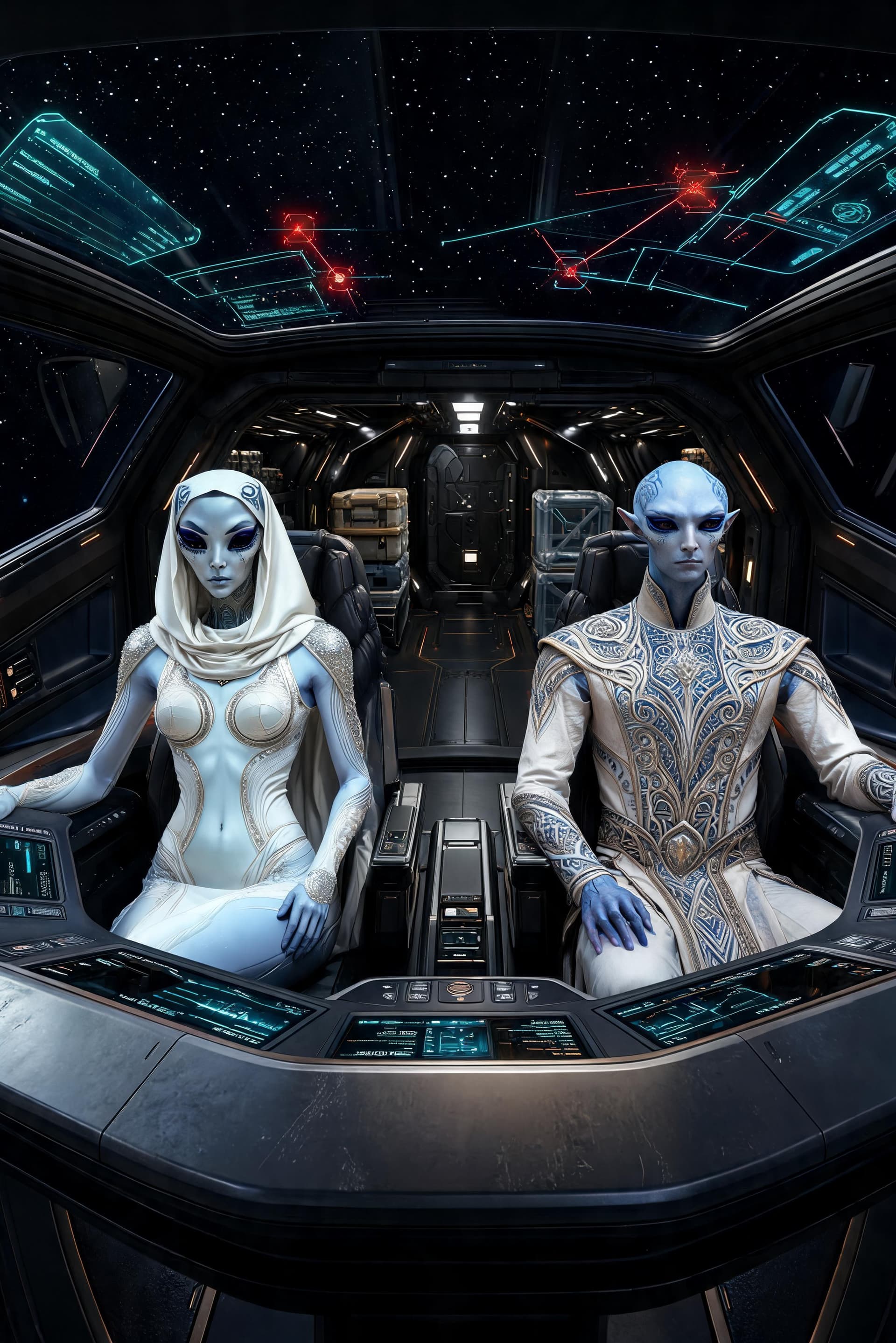 AI generated: Ultra-detailed cinematic sci-fi cockpit interior in deep space. Replace the empty pilot seats with t...