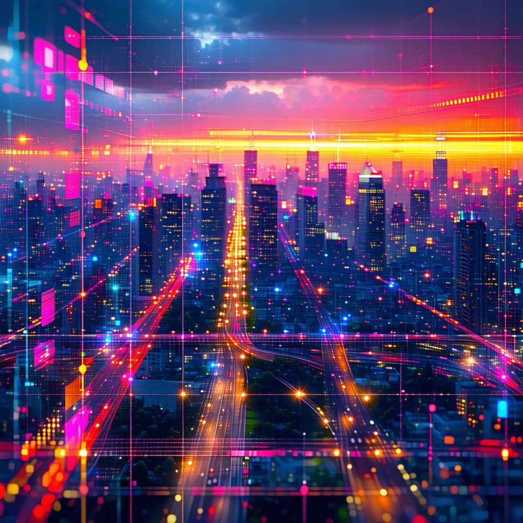 AI generated: "A vibrant city skyline at sunset with digital elements like grids and light trails, dynamic and fut...