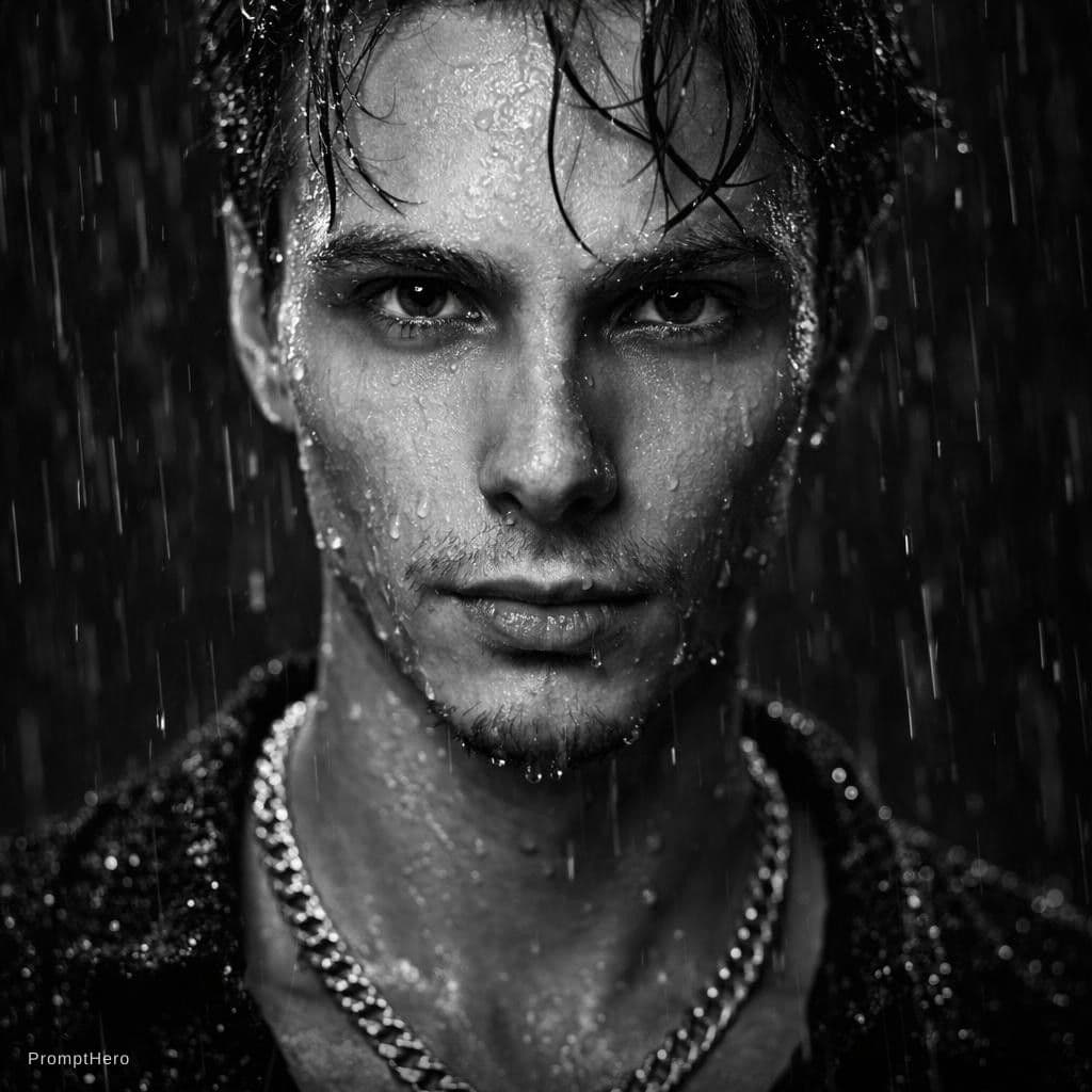 AI generated: Make a Ultra-realistic black and white portrait of the picture upload, standing in heavy rain, inten...