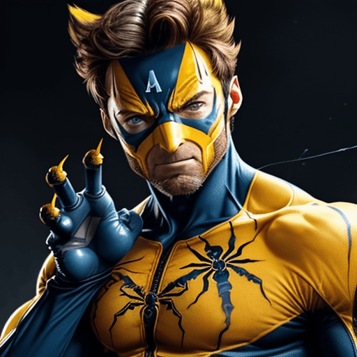 AI generated: HUGH JACKMAN IN A YELLOW AND BLUESPIDER-WOLVERINE 
 SUIT WITH A MASK
WITH CLAWS COMING FROM HIS KNUC...