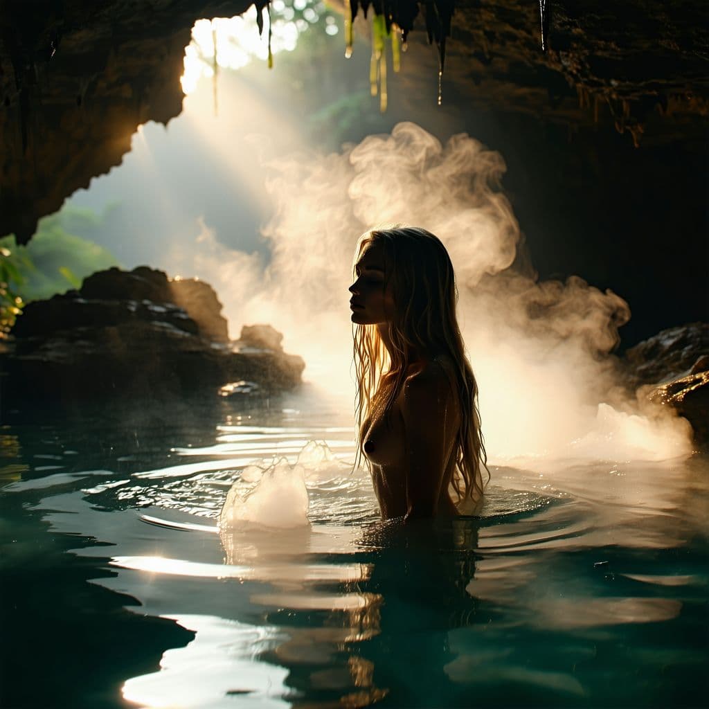 AI generated: hot spring inside a dimly lit cave, steam rises from the water, a woman with long wet blonde hair sw...